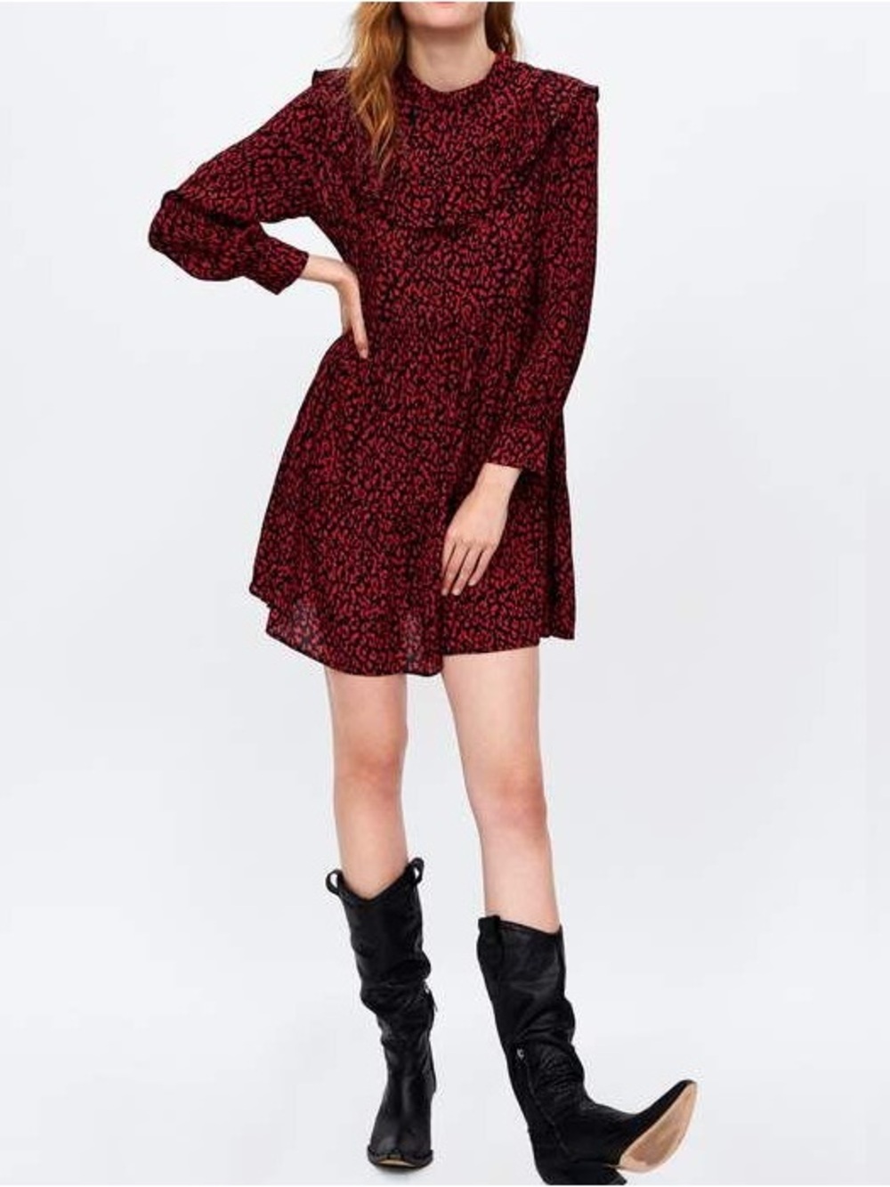 Zara Red Leopard Print Tiered Yoke Dress